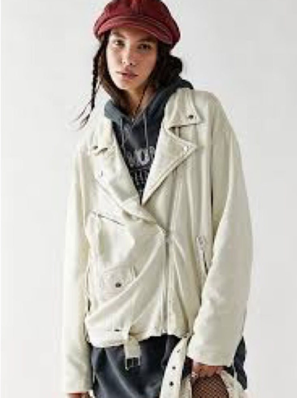 We The Free Cream Cotton Moto Jacket Oversized Belted Zip Up XS